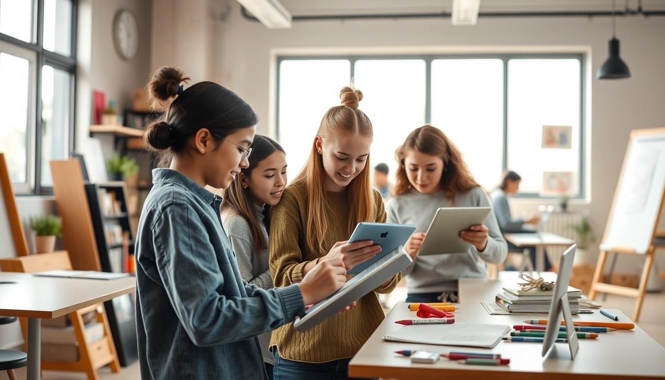 Students studying together in modern classroom